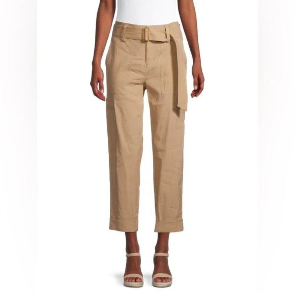 Vince Brown High Rise Tie Waist Linen Cargo Pants